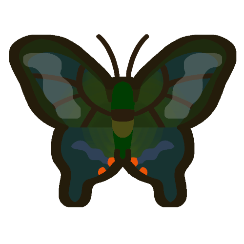 a simple icon of a butterfly with a dark brown outline. The body is green with a dark brown marking in the middle of its back and a big light green marking below the dark brown marking on its back. The wings are dark green with minor navy blue colors around. On the top wings is dark brown monarch markings with a light, transparent marking was over the sides of the top wings. On the bottom, wings carry the same green and blue colors with a blue marking and two orange dots beside the marking